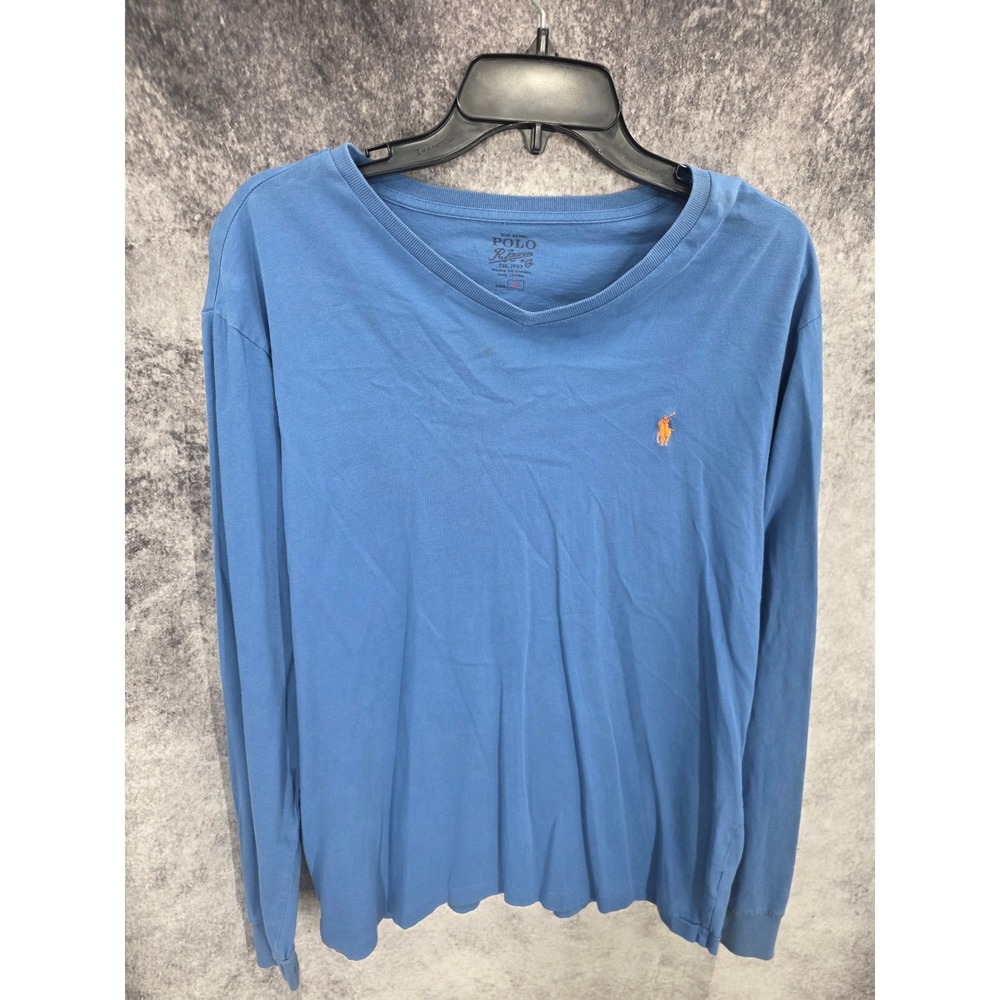 Polo Ralph Lauren Shirt Men Large Blue V Neck Pony Lightweight Minimalist Casual